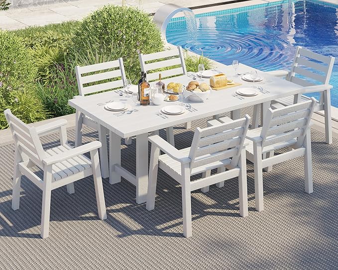 AMERLIFE 7-Piece HDPE Outdoor Dining Set with Umbrella Hole, 71" L Patio Table and Chairs Set for 6, Modern Garden Dining Set for Backyard, Poolside, Seaside, Porch, White