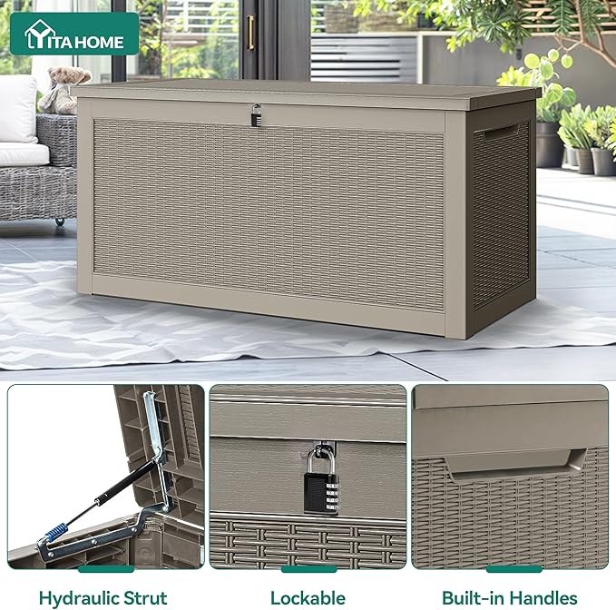 YITAHOME XXL 260 Gal Large Deck Box, Outdoor Resin Storage Box, Rattan Storage Container for Patio Furniture, Garden Tools, Waterproof, Lockable (Brown)