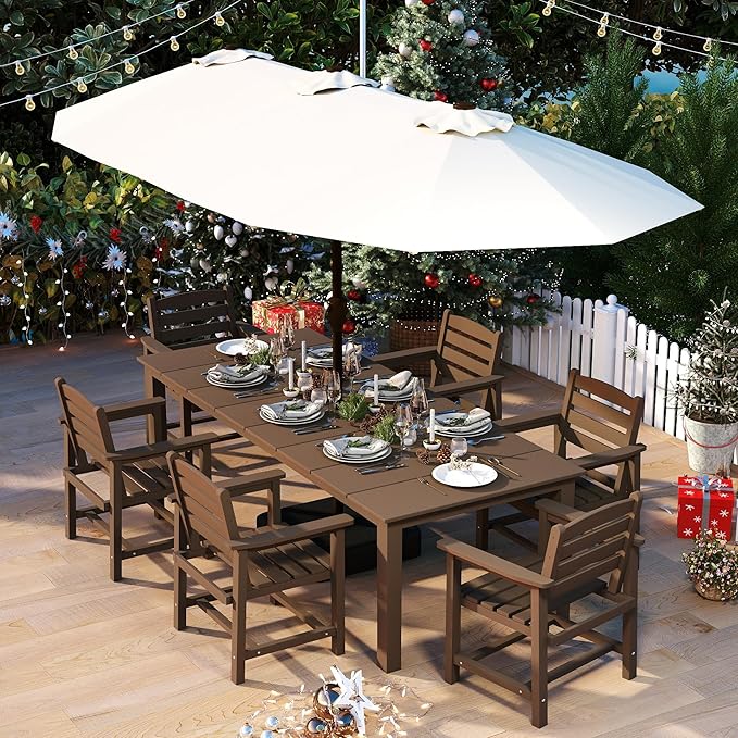 7-Piece Brown Outdoor Dining Set with White 15FT Large Patio Umbrella, 75.2'' HDPE Table & Chairs for 6, Weather-Resistant Furniture with Umbrella Hole for Patio, Lawn, Poolside