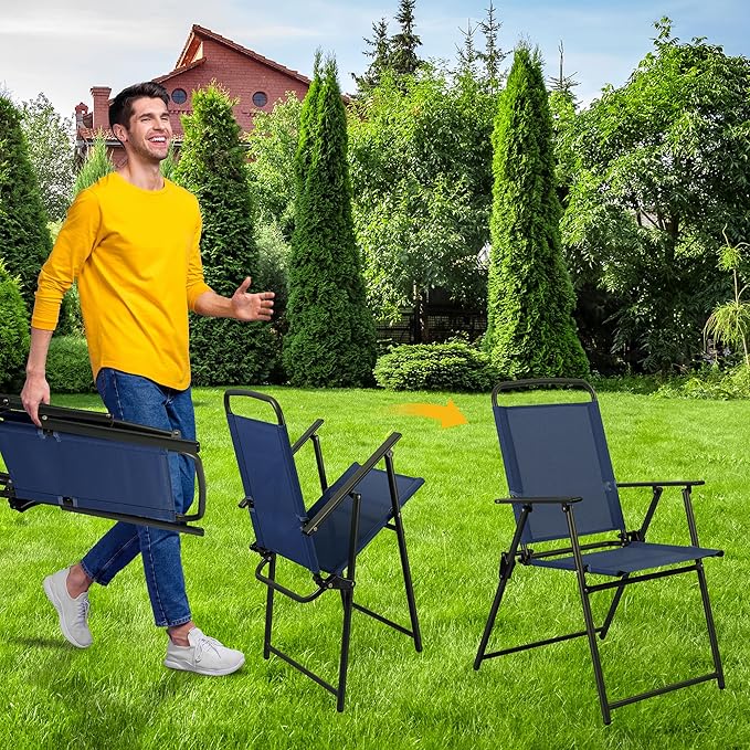 Shintenchi 6 Piece Patio Dining Set with Umbrella, Outdoor Furniture Set with 4 Folding Chairs and Tempered Glass Top Dining Table fot Lawn Backyard Garden Porch Blue
