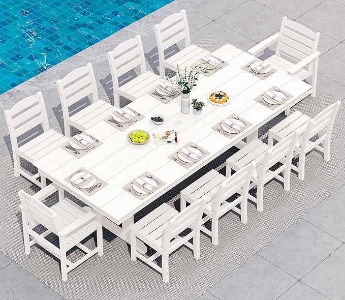 SERWALL 11 Piece Outdoor Dining Set, 84" HDPE Outdoor Table and Chairs for 10，All Weather Patio Furniture Set with Umbrella Hole for Backyard, Garden, White
