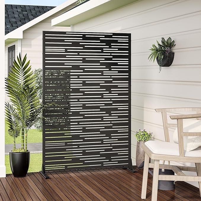 Casaphoria Metal Privacy Screen Outdoor, 72" H x 47" W Freestanding Decorative Privacy Screen for Patio Deck Balcony Garden with Stable Base, Shine Black