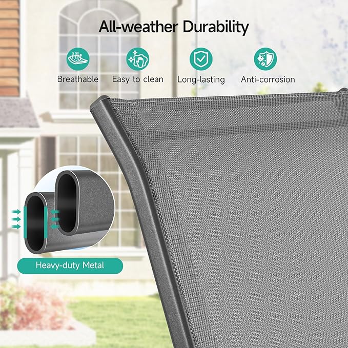 Patio Chairs Set of 2, All Weather Breathable Stackable Outdoor Dining Chairs with High Back and Wide Seat, Easily Set Up Outdoor Chairs Set of 2 with Metal Frame for Backyard Garden Pool, Grey
