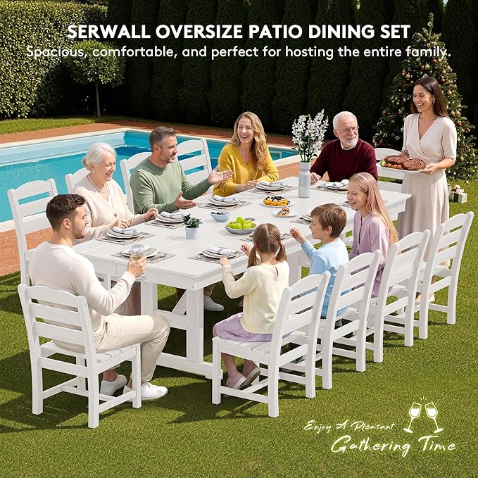 SERWALL 11 Piece Outdoor Dining Set, 84" HDPE Outdoor Table and Chairs for 10，All Weather Patio Furniture Set with Umbrella Hole for Backyard, Garden, White