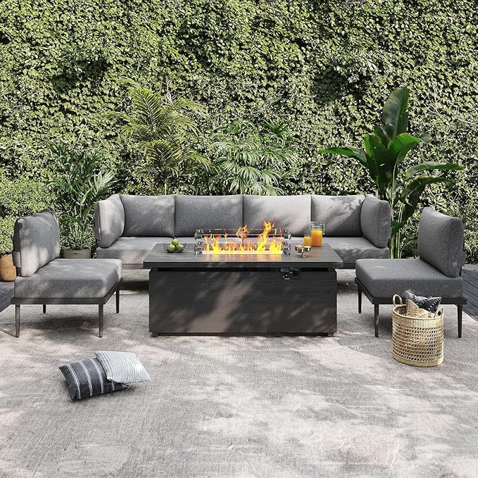 Sundale Outdoor 7 Pieces Patio Furniture Set with Fire Pit Table, L-Shaped Outdoor Sectional Sofa with 6 Inch Olefin Cushion, All-Weather Modern Metal Outdoor Conversation Sets