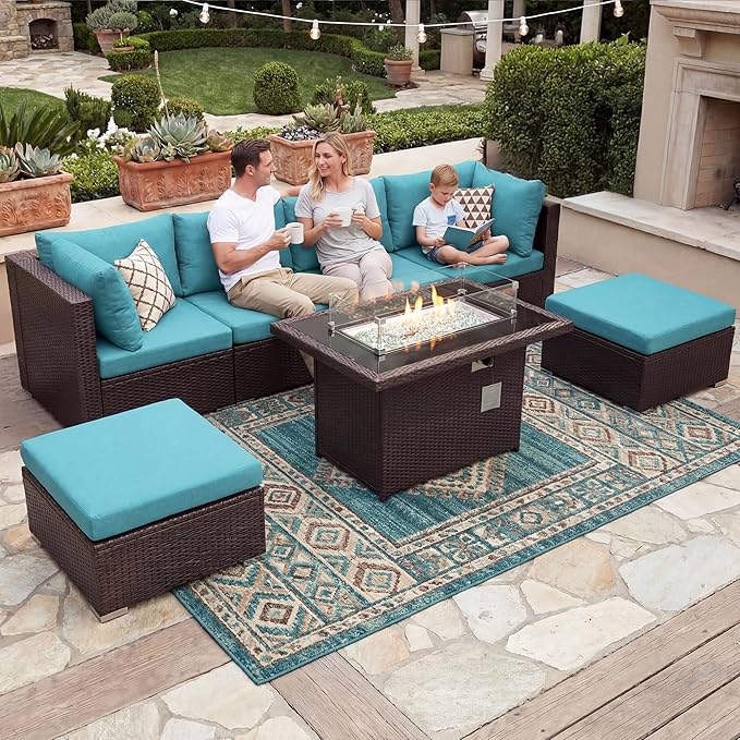 NICESOUL 7 Piece Patio Furniture Set with Natural Gas/Propane Firepit, 29.3'' High Back Comfy Outdoor Conversation Sofa Sets, Deep Seat Sectional Couch for Heavy Weight, Brown Rattan and Teal Cushion