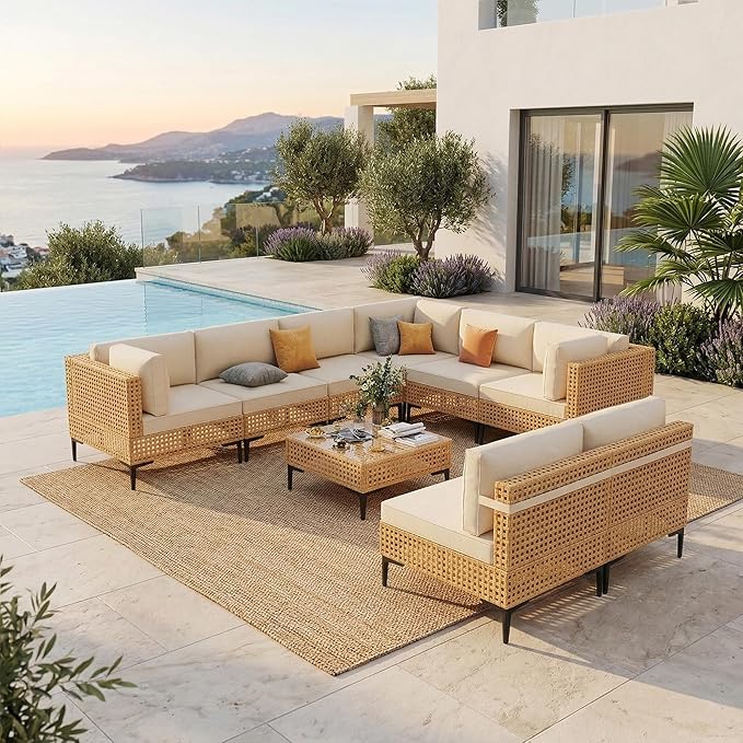 ABCASA Patio Furniture Set, 110" Large 9-Piece Wicker Outdoor Patio Furniture Sets with Anti-Slip Cushions & Coffee Table,Boho Patio Conversation Set Sectional Sofa for Backyard,Porch,Deck,Beige