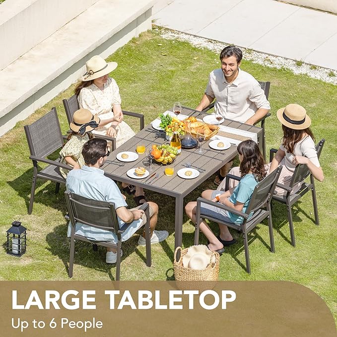 Devoko Patio Dining Set 7 Piece Outdoor Furniture with Rectangular Table and 6 Stackable Chairs Family Conversation Set for Garden Backyard Deck (Grey)