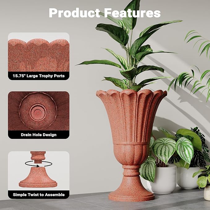 23" Tall Planters for Outdoor Plants Set of 2, Planter with Drainage Holes and Petal Design, Large Outdoor Planters for Porch, Garden, Indoor, Red