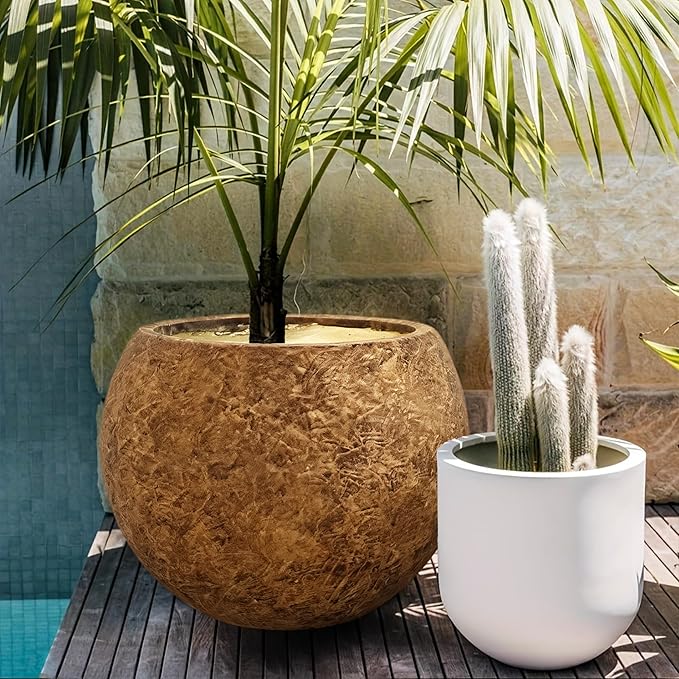 17 H x 21" Dia (15" Pot Opening) Round Fiberstone Planter with Drainage Hole, Indoor/Outdoor Large Plant Pot for Home Patio Garden, Ideal for Large Plants-Camel