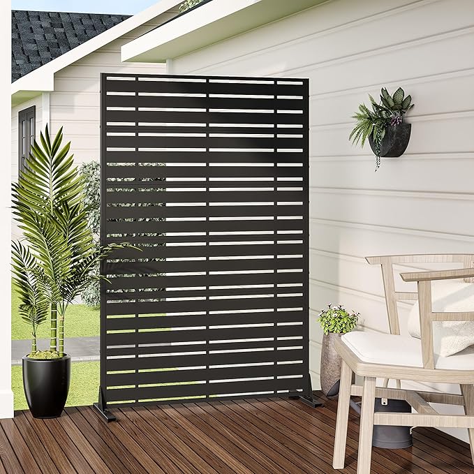 Casaphoria Metal Privacy Screen Outdoor, 72" H x 47" W Freestanding Decorative Privacy Screen for Patio Deck Balcony Garden with Stable Base, Black-Adams