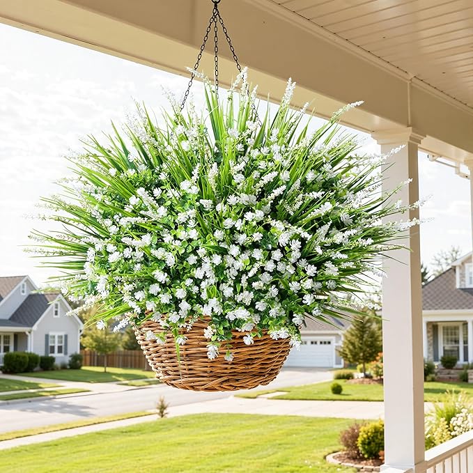 HyeFlora 20 Bundles Artificial Fake Outdoor Plants Flowers for Spring Decoration, UV Resistant Realistic White Plastic Flowers Faux Plant Monkey Grass for Planter Home Garden Porch Patio Window Box