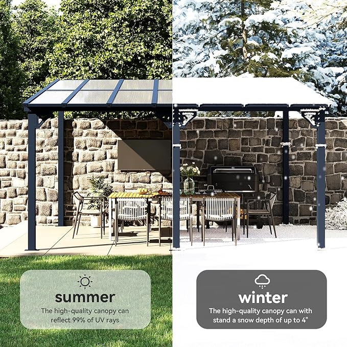 Aoxun 14'x 10' Premium Gazebo with Aluminum Top Frame & Polycarbonate Panel, Wall Mounted Gazebos Pergola, Outdoor Patio Lean to Gazebo, Awnings with Sloped Roof, for Backyard, Porch, Deck