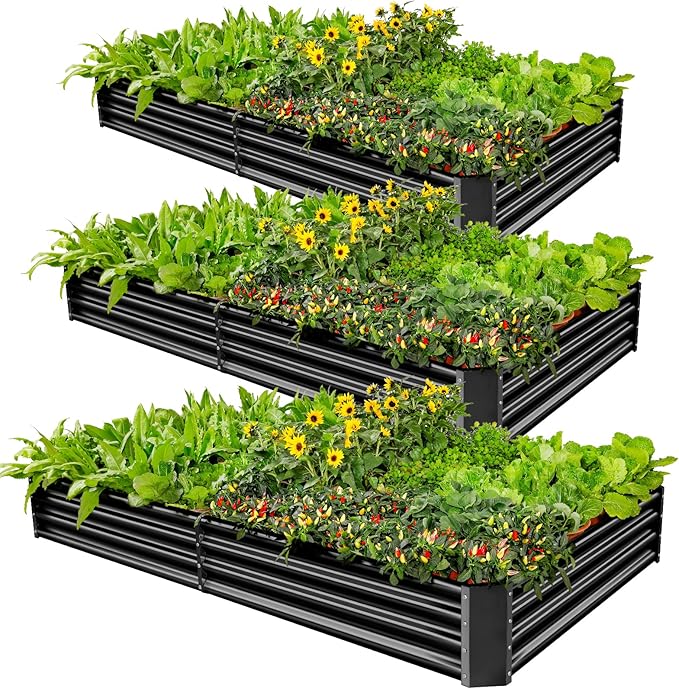 Land Guard 3 Pack 6×3×1ft Galvanized Metal Raised Garden Bed, Metal Planter Kit Box Outdoor for Deep-Rooted Vegetables, Flowers, Green and Herbs, Gray