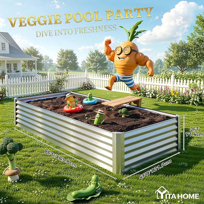 YITAHOME 8x4x3ft Large Raised Garden Bed Kit, Galvanized Metal Planter Box with Gloves, Support Rod & Safety Rubber, Outdoor Above Ground Planters for Plants Vegetables Flowers, Silver