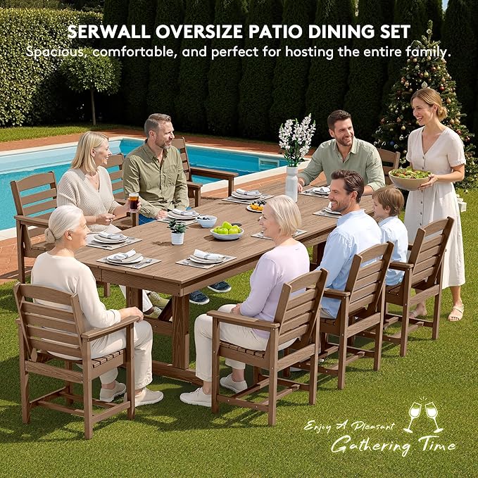 SERWALL 9 Piece Outdoor Dining Set, 84" HDPE Outdoor Table and Chairs for 8，All Weather Patio Furniture Set with Umbrella Hole for Backyard, Garden, Brown