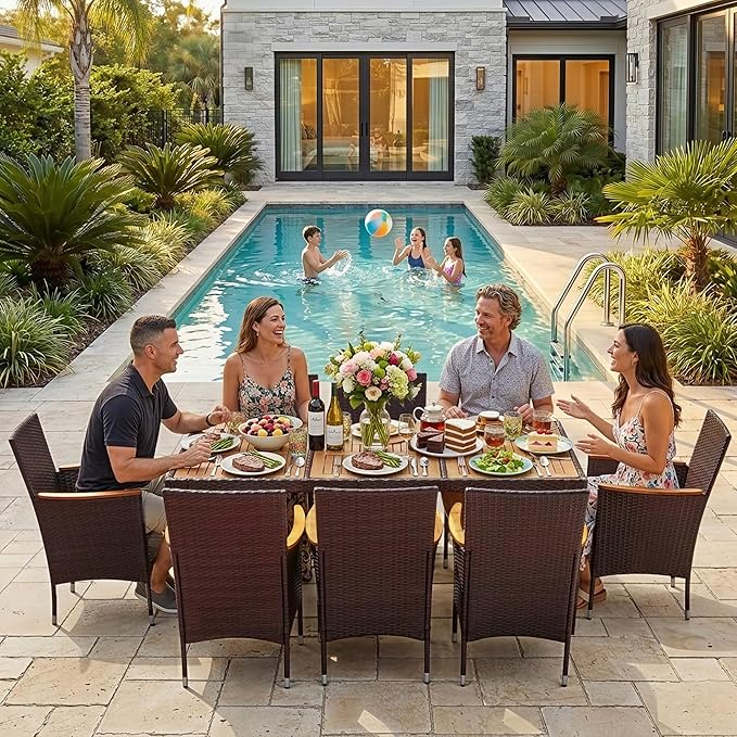 Greesum 9 Pieces Outdoor Patio Dining Set, Conversation Sets with 1 Table and 8 Rattan Chairs with Curved Acacia Wooden Armrests and Cushions, Brown