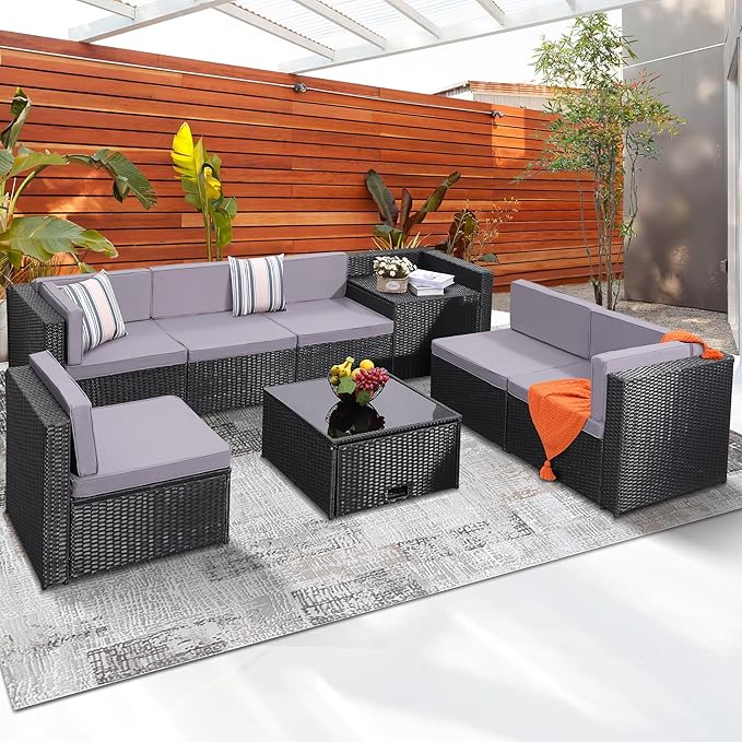 8-Piece Patio Furniture Set, Outdoor Wicker Rattan Sectional with Thick Cushions, Glass Top Table with Hidden Storage, Outdoor Conversation Set for Backyard, Porch, Patio, Light Grey