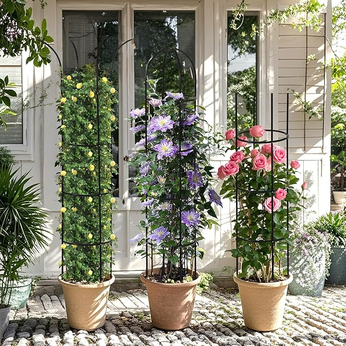 100% Metal Garden Obelisk Trellis for Climbing Plants Outdoor, 6.6ft Tall Metal Plant Support with Garden Twist Tie for Tomato Cucumber Pea Ivy Vines Rose Clematis Potted Plant Trellis 1 Pack