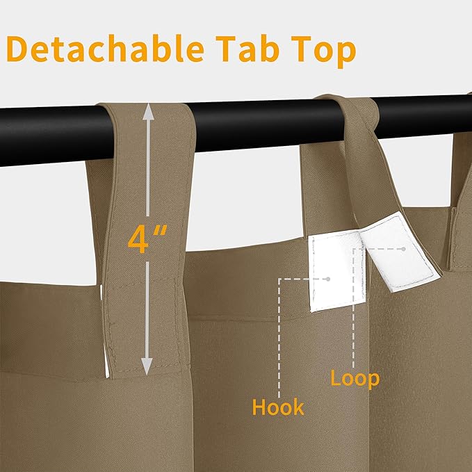 Easy-Going Outdoor Patio Curtains Detachable Tab Top Windproof Weatherproof Curtain for Cabana, Porch, Pergola and Gazebo, Tab Bottom Drape, 2 Panels, 54W x 84L inch, Khaki