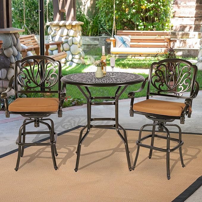 VIVIJASON 3-Piece Patio Swivel Bar Stools Set, All Weather Cast Aluminum Outdoor Bar Height Bistro Set with 2 Cushioned Bar Chairs & 35.4" High Bar Table w/Umbrella Hole for Backyard, Lawn, Garden