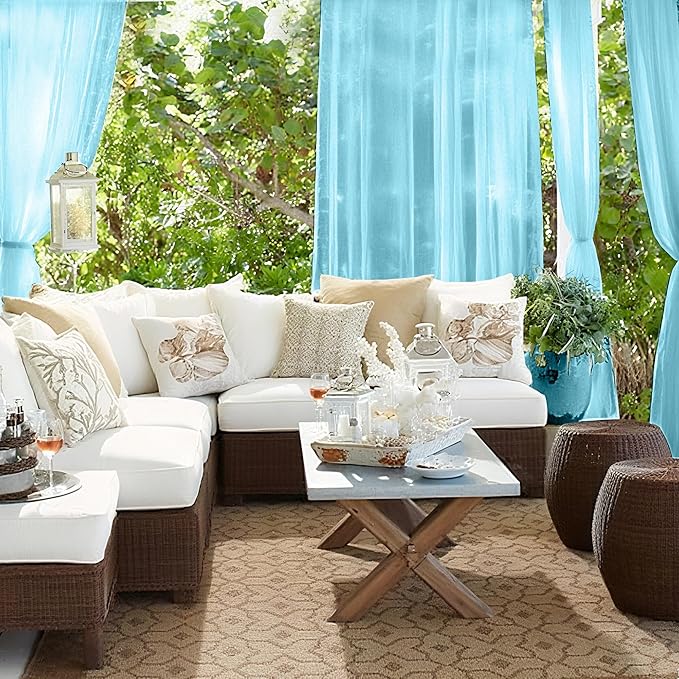 RYB HOME Waterproof Outdoor Curtains - Linen Like Translucent Breathable Sheer Curtains, Quick Dry Easy Slide Draperies for Backyard Patio Verandas, W 54" x L 84", 2 Pieces, Teal