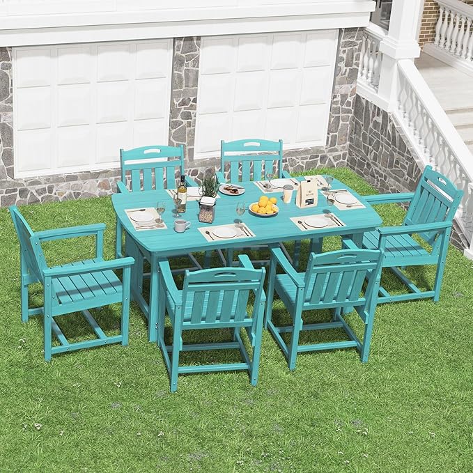 HDPE Outdoor Dining Set, Patio Table and Chairs Set, All-Weather 7-Piece Outside Table and 6 Chairs, 2" Umbrella Hole, Outdoor Furniture for Garden, Poolside, Backyard, Deck | Lake Blue
