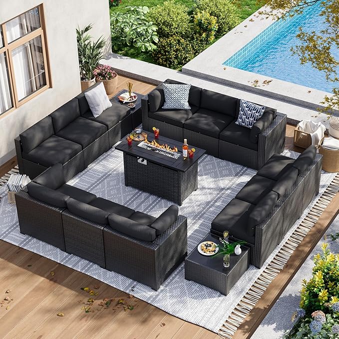 Aoxun 15 Piece Patio Furniture Set with 44” Fire Pit Table Wicker Rattan Patio Sectional Sofa Set Outdoor Seating Furniture with Thickened Cushion, Black
