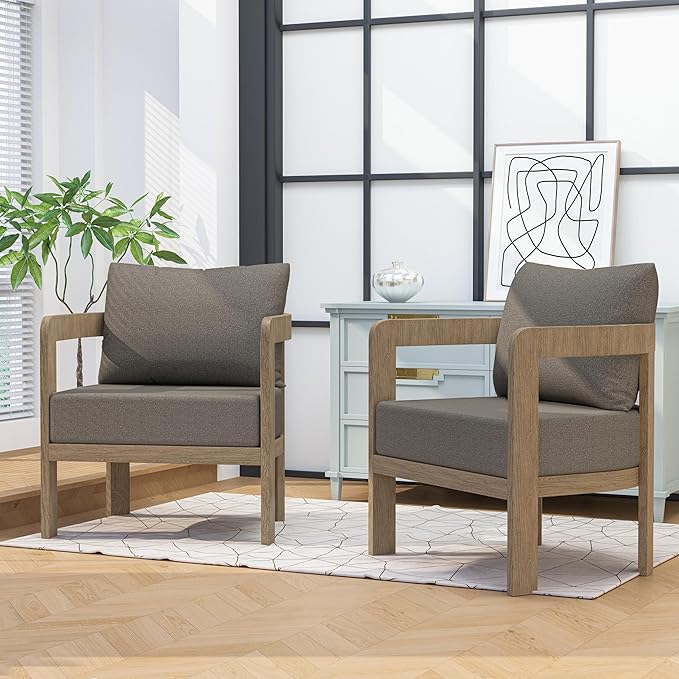 Outdoor Furniture Set, 2Pcs Patio Armchairs, Metal Modern Outside Furniture with 6'' Thick Cushions, Outdoor Conversation Set Balcony Chairs for Backyard, Porch,Deck,Brown