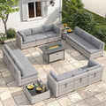 12-Seat Modern Outdoor Wicker Rattan Patio Furniture Set with 55,000 BTU Fire Pit Table, Thick 4″ Cushions, All-Weather Dual-Strand Rattan, Rust-Resistant Steel Frame,Gray
