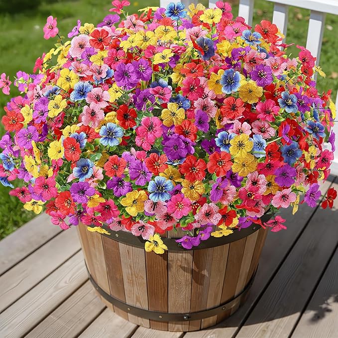 Alupssuc 32 Bundles Artificial Flowers for Outdoors Decoration, UV Resistant Silk Faux Floral Spring Fake Plastic Plants Greenery for Outside Indoor Home Garden Porch Window Box Decor, Mix 6 Colors