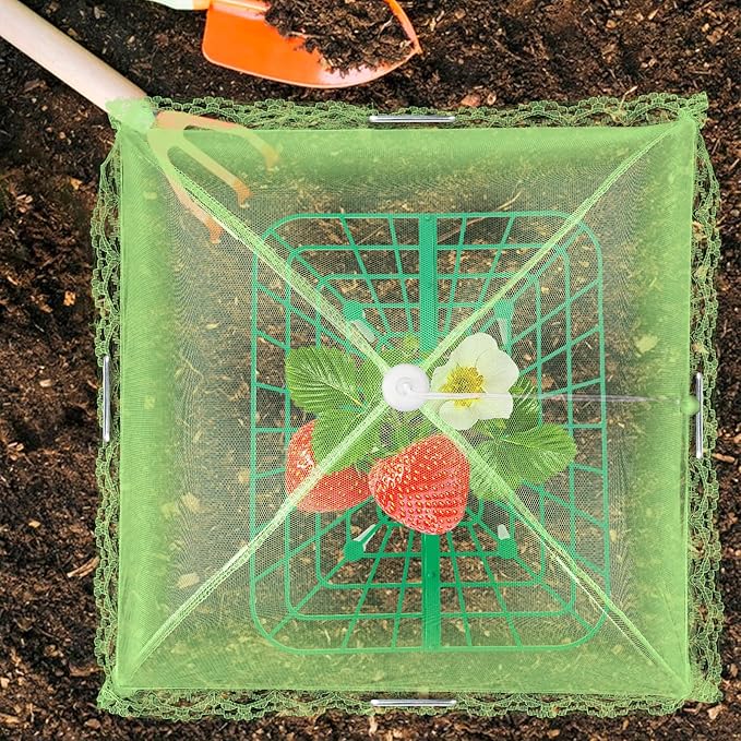 6 Sets Strawberry Plant Support with Mesh Cover - Square Gardening Frame, Animal Barrier, Iron Stakes & Storage Bag for Healthy Strawberries, Tomatoes, Veggies (Green) (6 pcs)