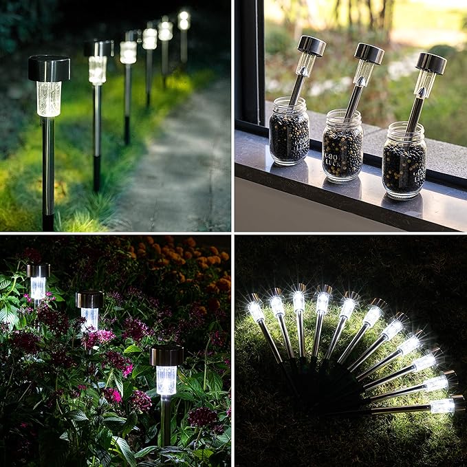 GIGALUMI Solar Pathway Lights, Stainless Steel IP44 Waterproof Auto On/Off Outdoor LED Solar Landscape Lights for Garden, Yard, Patio, Path and Walkway(12 Pack, Cold White)