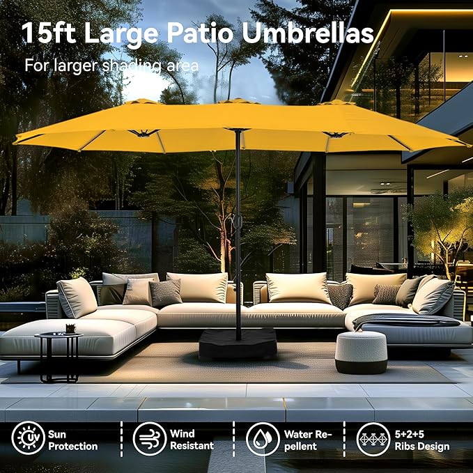 PHI VILLA 15ft Large Patio Umbrellas with Base Included, Outdoor Double-Sided Rectangle Market Umbrella with Stand, Outside Umbrellas for Poolside Lawn Garden, Golden Yellow