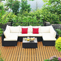Tangkula 7-Piece Patio Furniture Set, Outdoor Sectional Sofa w/Pillows & Cushions, Wicker Conversation Set with Coffee Table & Tea Table for Garden & Lawn (Beige)