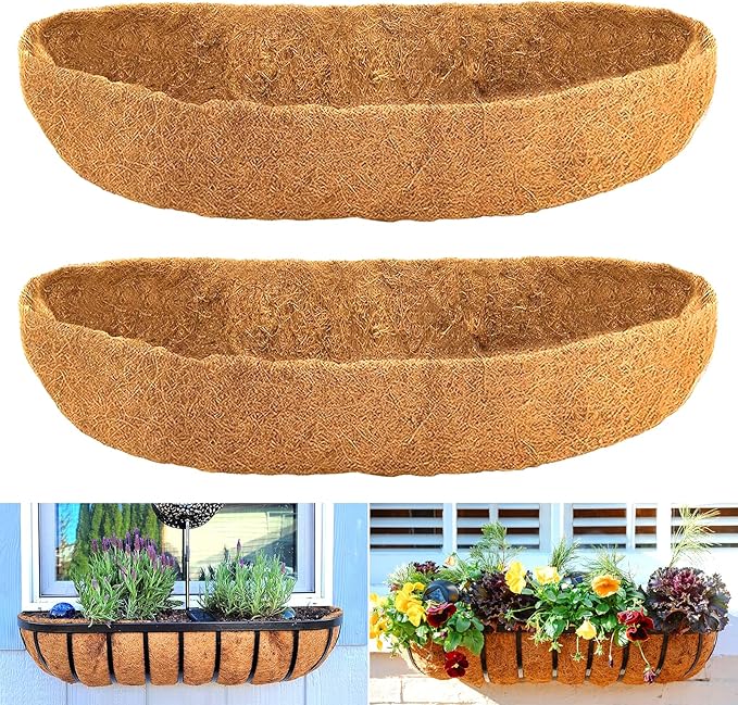 Coco Liners for Planters - 2 Pack 36 Inch Trough Coconut Liners for Planters, Window Box Coco Liners, 100% Natural Coconut Fiber Liners for Wall Hanging Basket, Window Box, Fence Baskets