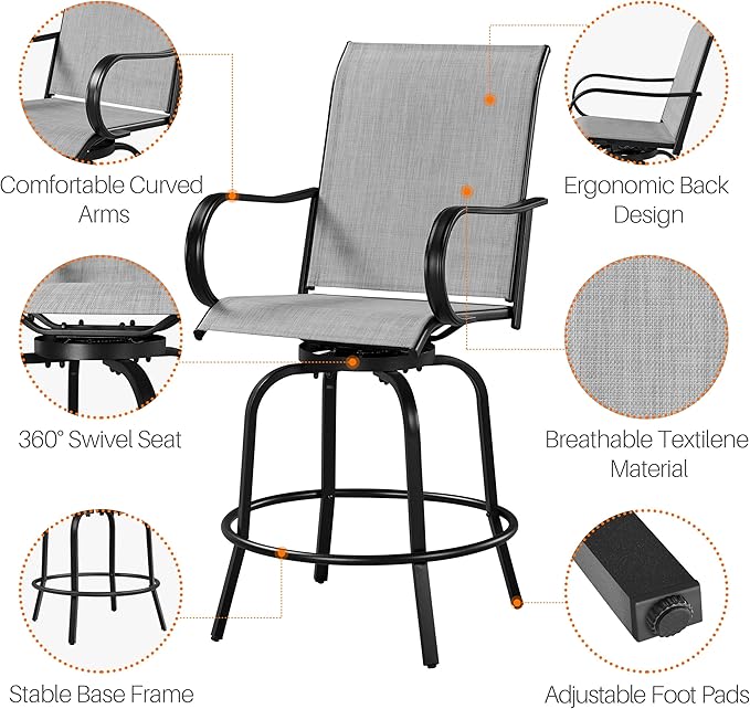 Yaheetech Patio Swivel Barstools Outdoor Chairs Set of 4, High Bistro Stools Outdoor Furniture, All-Weather Patio Stools for Outside, Beach, Lawn, Poolside and Garden, Black/Light Gray