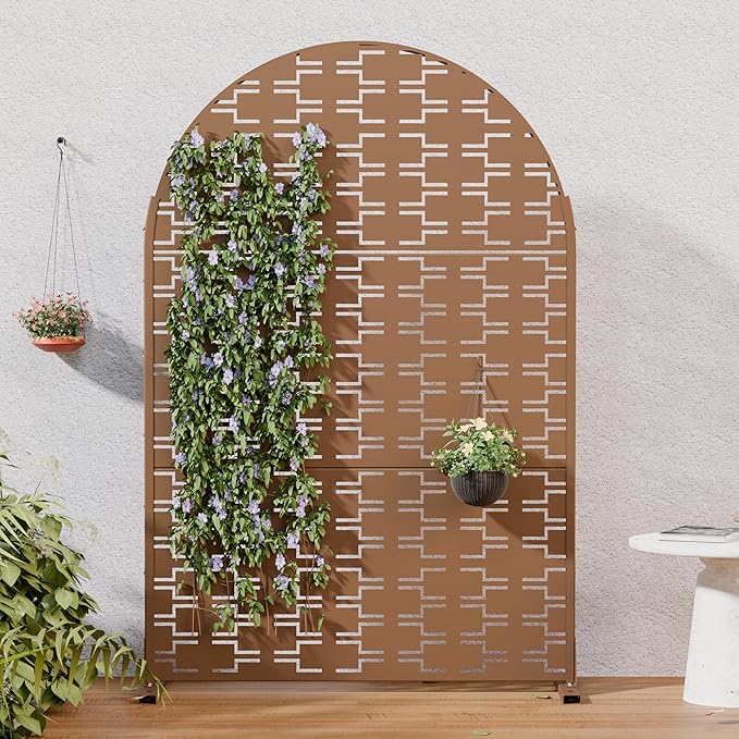Casaphoria Metal Arched Privacy Screen Outdoor, 72" H x 47" W Freestanding Decorative Privacy Screen for Patio Deck Balcony Garden with Stable Base, Brown-Brick