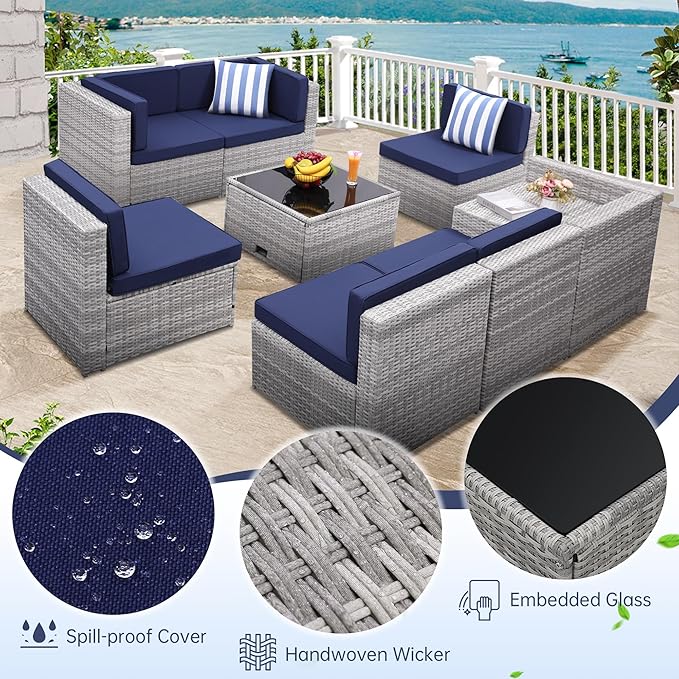 8-Piece Patio Furniture Set, Outdoor Wicker Rattan Sectional with Thick Cushions, Glass Top Table with Hidden Storage, Outdoor Conversation Set for Backyard, Porch, Patio, Blue