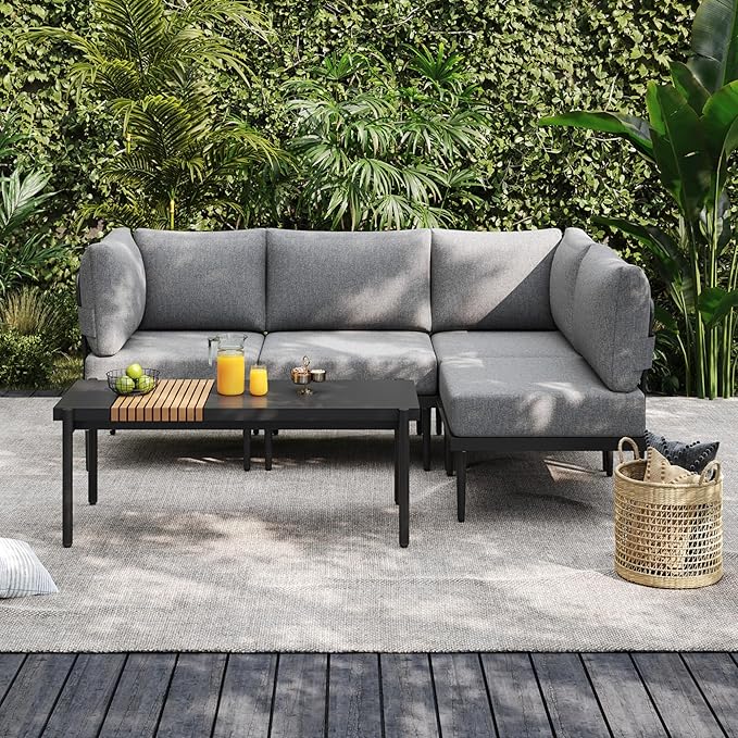 Sundale 5 Pieces Outdoor Patio Furniture Set, Metal Sectional Sofa Patio Conversation Set with Coffee Table, Modern Patio Corner Couch for Balcony, Porch, Sunroom