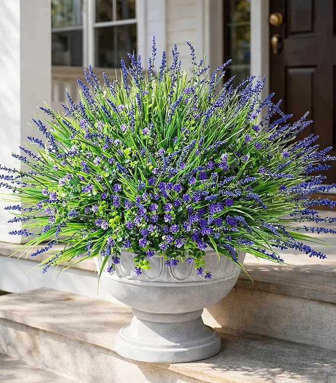 HyeFlora 20 Bundles Artificial Fake Outdoor Plants Flowers for Spring Decoration, UV Resistant Realistic Purple Plastic Flowers Faux Plant Monkey Grass for Planter Home Garden Porch Patio Window Box