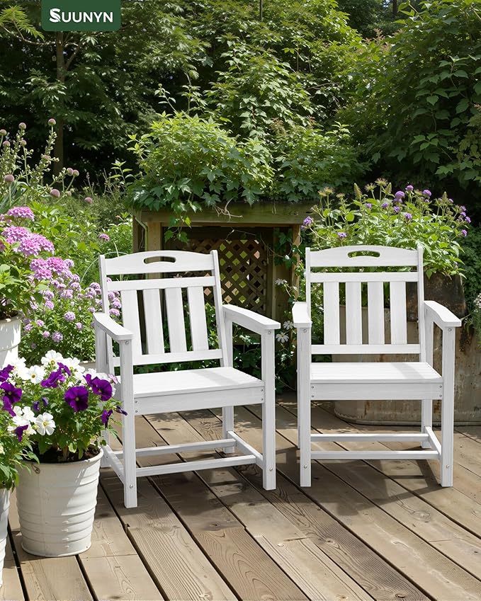 Patio Chairs Set of 2, HDPE Outdoor Dining Chairs with Wide Seat, All Weather Oversized Porch Chair for Garden, Backyard, Deck - White