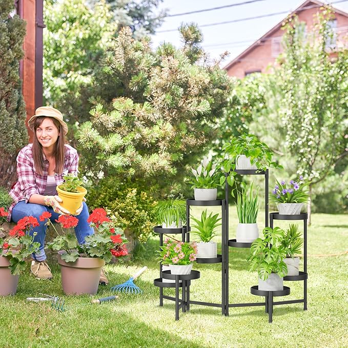 iDavosic.ly Plant Stand Indoor Outdoor, 10 Tier Corner Metal Flower Display Holder Shelf, Easy Assembly Folding Tall Orchid Rack for Patio Balcony Porch Garden Living Room House, Black