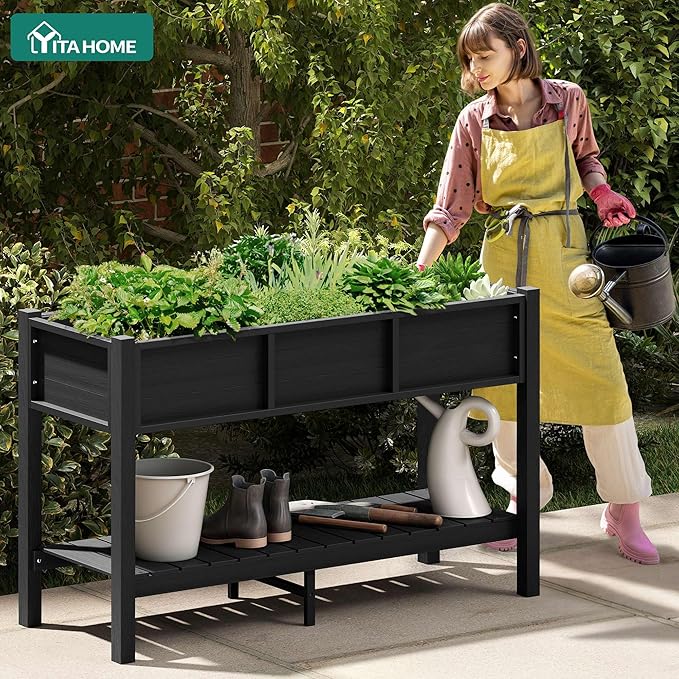 YITAHOME 48x18x30in Raised Garden Bed HDPE, Weather-Resistant Poly Lumber Planter Box with Legs & Storage Shelf, Elevated Garden Bed for Yard, Garden, Balcony - Black