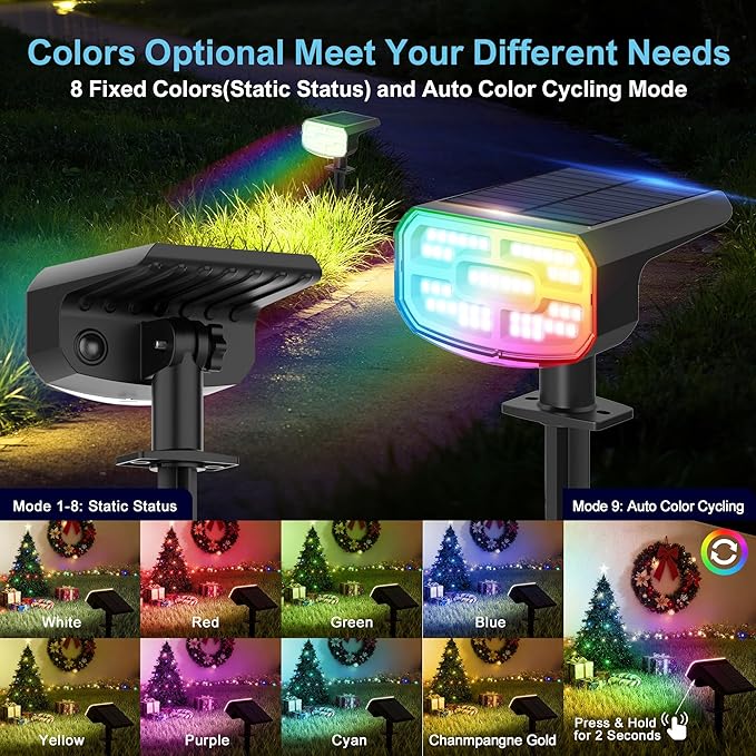 Color Changing Solar Spot Lights Outdoor Waterproof IP65,9 Lighting Modes Multicolor RGB Christmas Spotlight for Porches Yard Gardens Landscape Deconrations-2 Pack