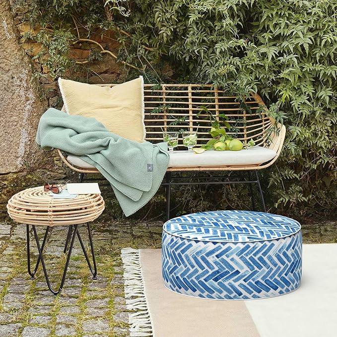 LVTXIII Indoor/Outdoor Inflatable Ottoman, All Weather Round Footrest Stool D21”x H9”, Portable for Patio Garden Camping or Home-Blue Bricks