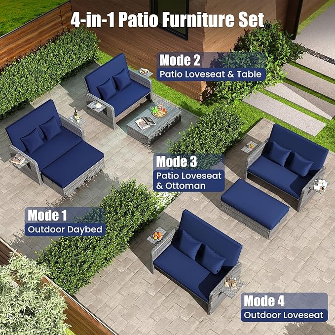 Tangkula Patio Rattan Daybed with 4-Level Adjustable Backrest, Outdoor PE Wicker Loveseat with Storage Ottoman & Folding Side Table, Double Sunbed for Balcony, Backyard & Poolside, Navy & Grey