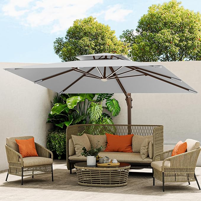 10 X 13 FT Cantilever Outdoor Patio Umbrella with Base Included Large Heavy Duty 360° Rotation Double Top Offset Rectangular Umbrellas with Led Lights for Backyard Outside Deck,Fog Grey