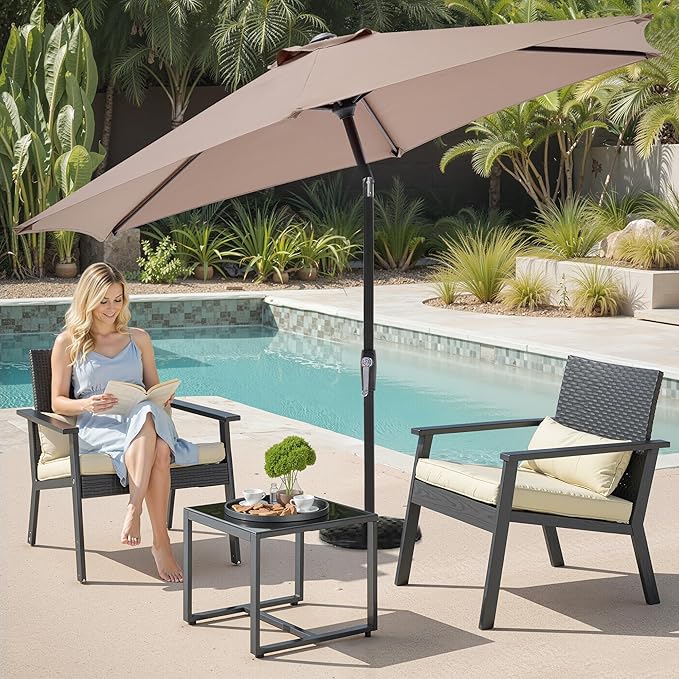 OLIXIS 7.5ft Patio Umbrella with Tilt and Crank Button & 8 Sturdy Ribs Waterproof, Patio Table Umbrella Perfect for Poolside, Terrace, Beach and Outdoor Restaurant, Khaki
