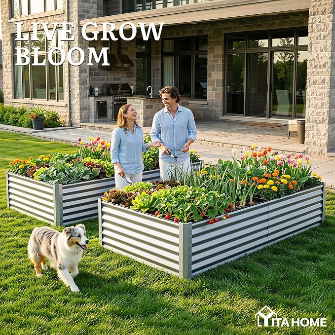 YITAHOME 8x4x1.5ft 2pcs Large Raised Garden Bed Kit, Galvanized Metal Planter Box with Gloves, Ground Nails & Safety Rubber, Outdoor Above Ground Planters for Plants Vegetables Flowers, Silver